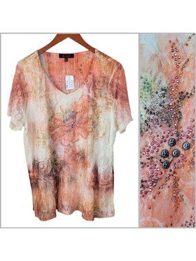 NEW BLEU Plus 1X Top romantic Studded Layered Lace Art To Wear Orange Y2K Floral